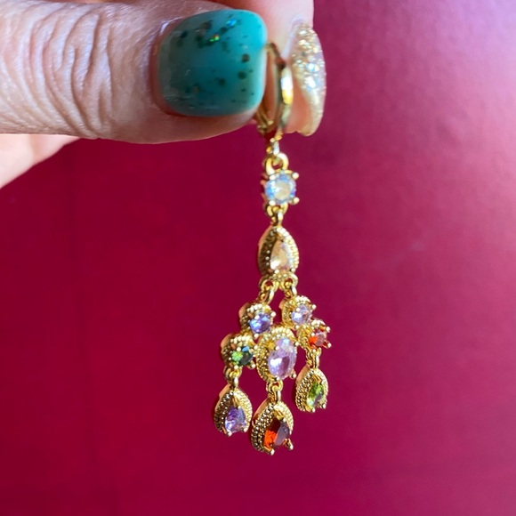 Elegant Gold Plated Multi-Color Cubic Zirconia Drop Earrings - Picture 4 of 5